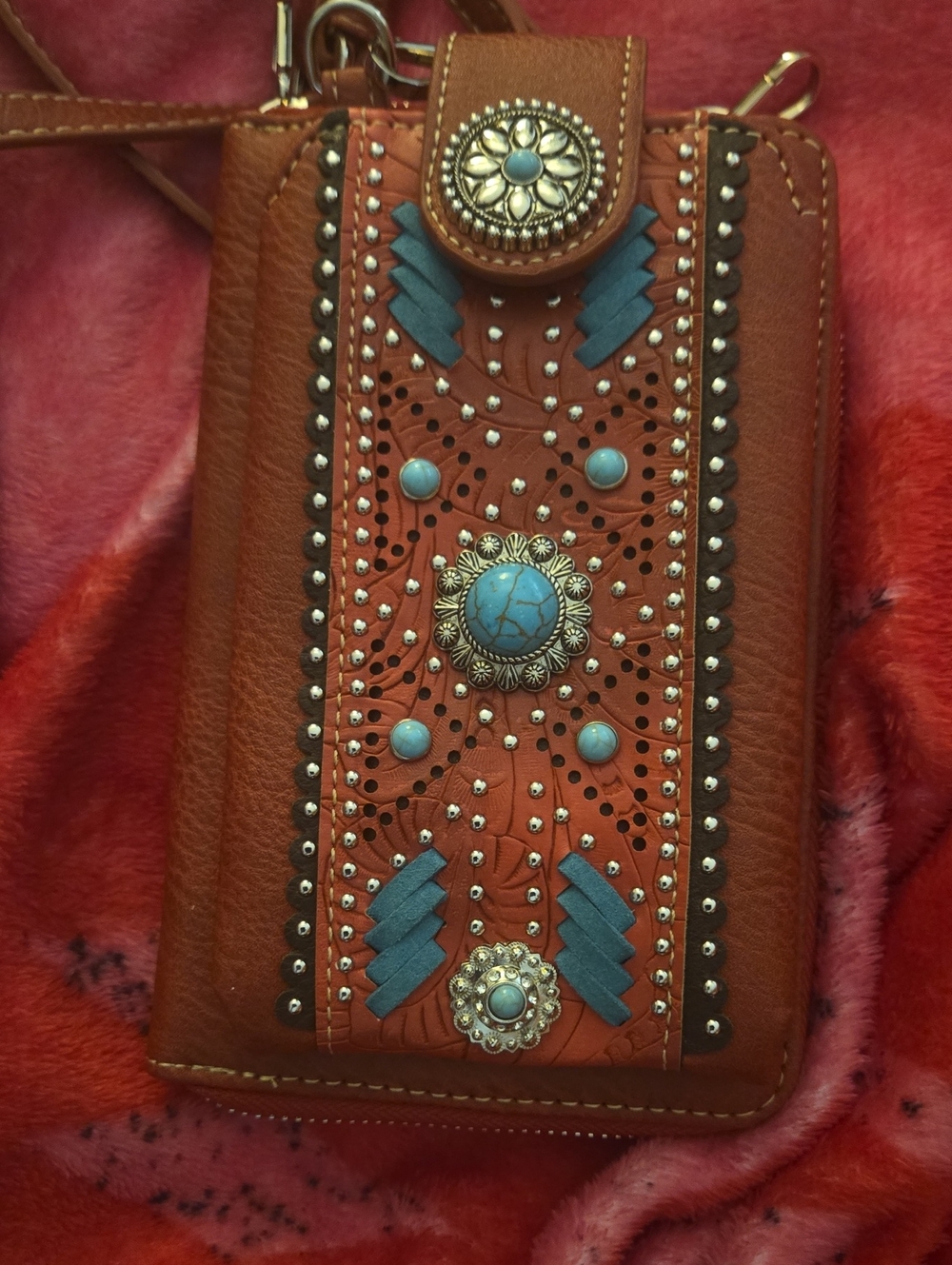 Women’s Western Brown Leather Crossbody Purse with Turquoise Accents/Beading.